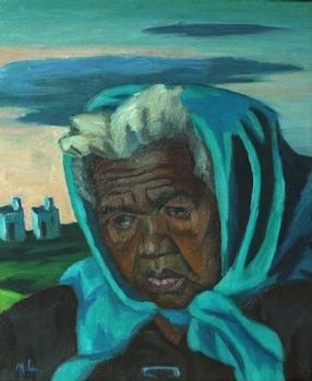 Portrait of an Old Woman with Head Scarf: Landscape in Background
