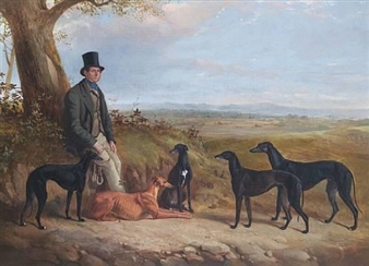 Portrait of a gentleman with five Greyhounds in a landscape - James Walsham Baldock