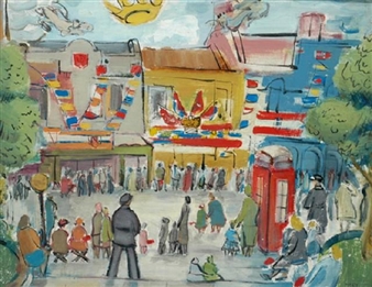 A vibrant street scene filled with colorful buildings, a red phone booth, and numerous people.