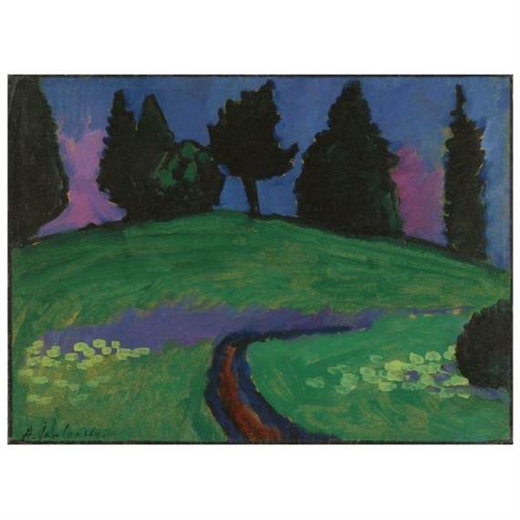 DUNKLE BÄUME ÜBER GRÜNEM HANG (DARK TREES OVER GREEN SLOPE) by Alexej von Jawlensky, 1910