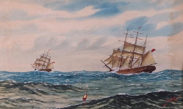 Artwork by Frederick Dawson, Two Sailing Ships at Sea, Made of watercolour