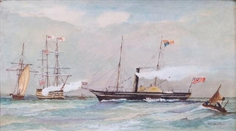 Steam/Sailing Ship entering Harbour - H.T. Vernon