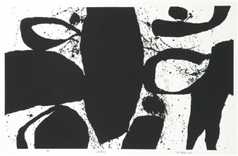 A bold abstract composition featuring stark black organic shapes against a white background with splattered texture.