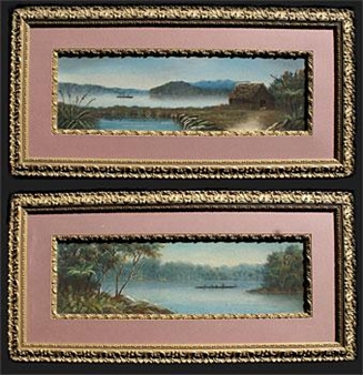 Lake Scenes with Waka, Whare & Ship - A Pair - J. De Vere