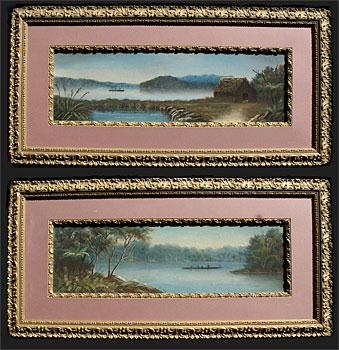 Lake Scenes with Waka, Whare & Ship - A Pair - J. De Vere