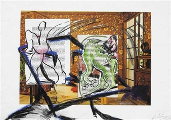 A layered collage of abstract figures and text fragments set against a patterned interior background.