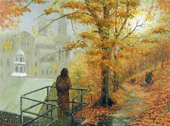 A solitary figure stands on a bridge in an autumnal landscape as snow falls.