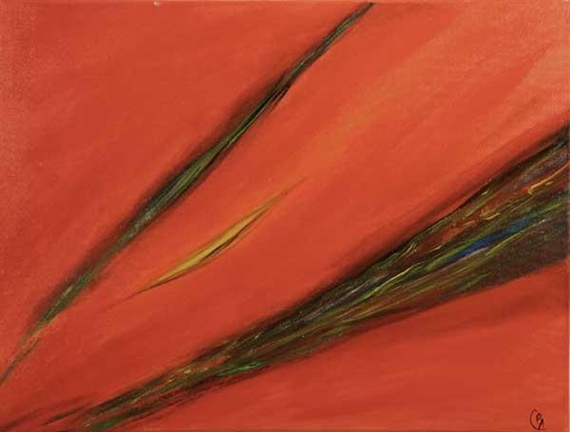'Abstract - Green Forms on Red' by Ann Mueller