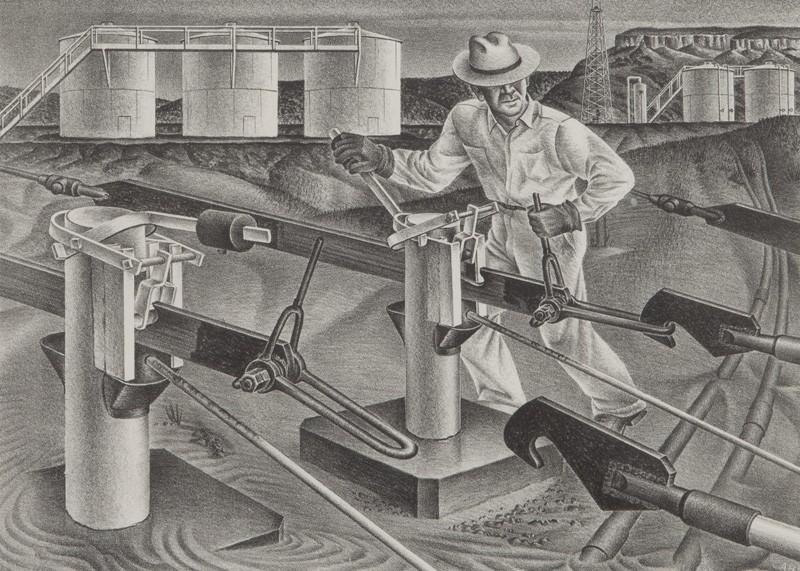 Hooking on at Central Power by Alexandre Hogue, 1940