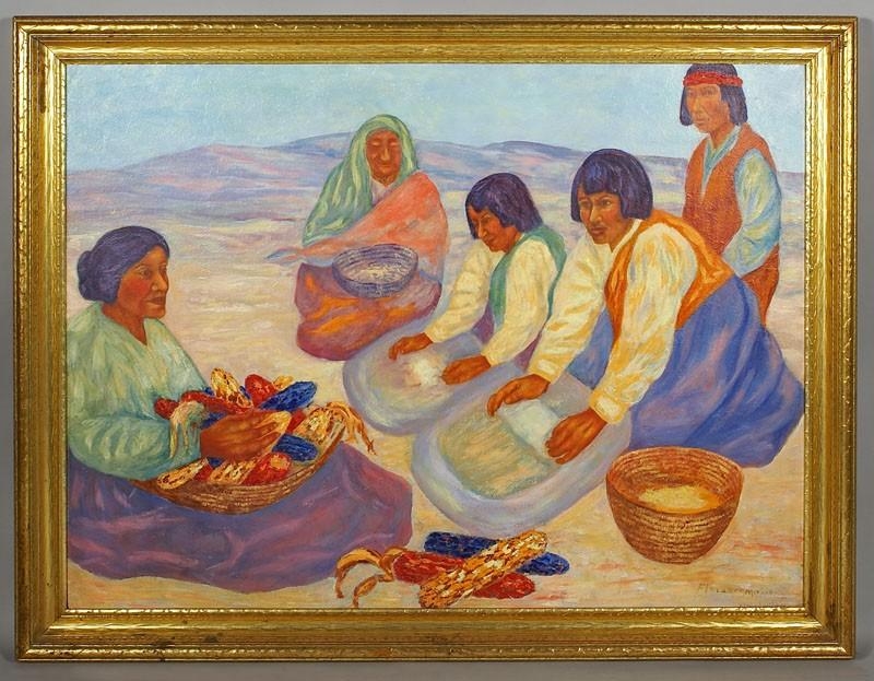 Artwork by Florence McClung, Untitled - American Indians Grinding Corn, Made of oil on masonite