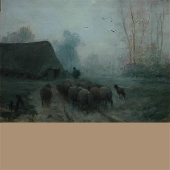 Herdsman and Sheep on a Misty Road - Martinus Jacobus Nefkens