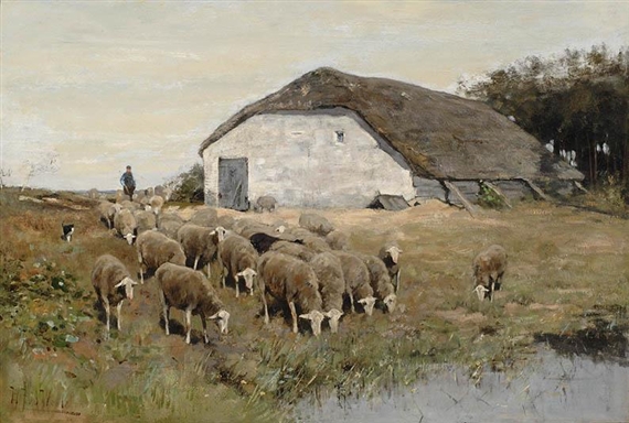 Shepherd with flock of sheep by Herman Johannes van der Weele