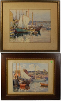 2 works: BOATS AT DOCK; DOCK AND HILL VIEW - John A. Cook