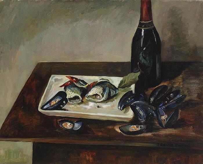 Jeanne Bieruma Oosting | Still life with mussels, 'rolmops' and a ...
