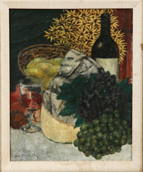 Still Life with Basket of Fruit, Wine Bottle and Glass by Josselin Reginald Cortenay Bodley, circa 1920