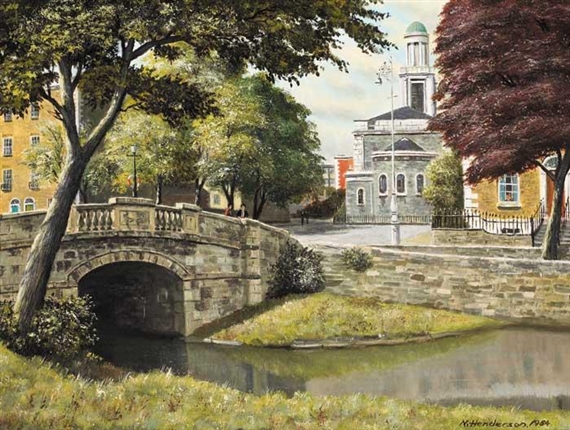 HUBAND BRIDGE AND THE PEPPERCANISTER CHURCH, DUBLIN by Neville Henderson, 1984