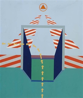 A geometric composition featuring a central rectangular frame with striped patterns and directional arrows.
