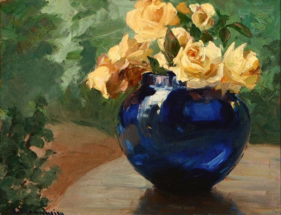 Still life with Yellow Roses and Cobalt Blue Vase