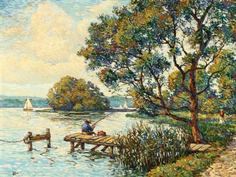 Pointillist View of Figures Fishing on a Lake - Frederik E. Grue