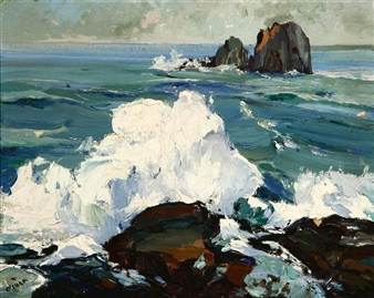 A dramatic seascape painting featuring turbulent waves crashing against dark rocks under a muted sky.