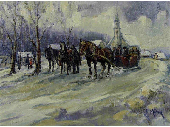 UNTITLED (HORSE-DRAWN SLEIGH BY THE CHURCH) by Ernest Marza