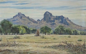 A landscape painting of a dry field with distant mountains and scattered trees.