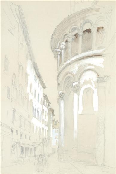 Artwork by John Ruskin, Apse of a church, Lucca, Made of Pencil and watercolour on buff paper