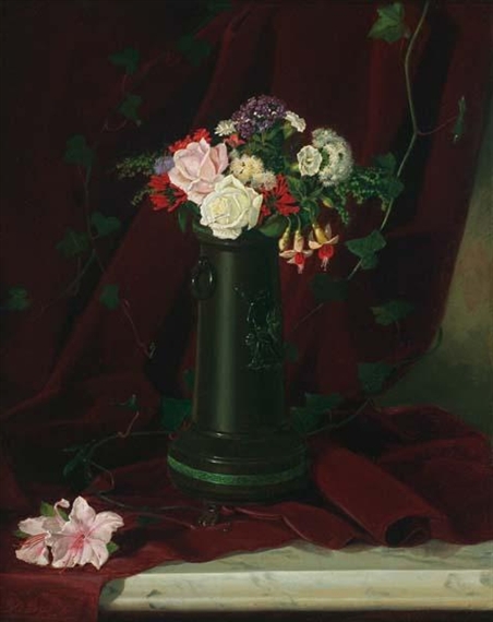 Floral Still Life on a Marble Tabletop by Lawrence Carmichael Earle, 1872