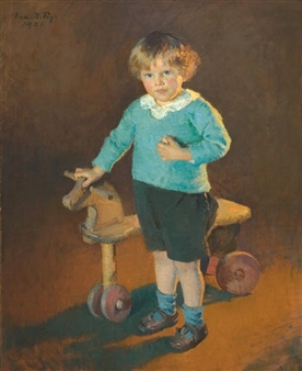 A child stands confidently beside a wooden toy horse in a warmly lit, intimate portrait.
