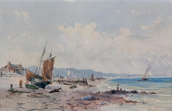 BOATS MOORED ON THE BEACH - William Nicoll Cresswell