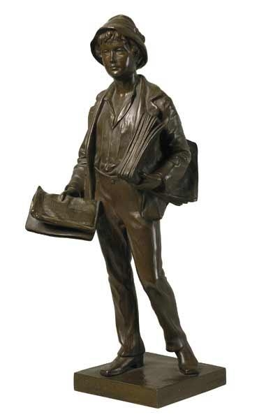 Artwork by Caspar Buberl, Newspaper Boy, Made of Bronze with brown patina