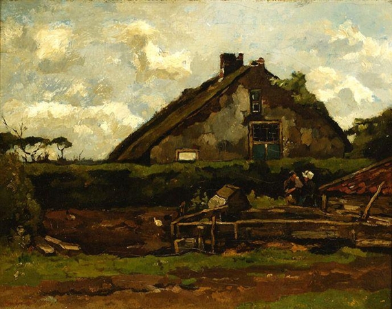 A man and woman in front of a farm by Wilhelmus Hendrikus Petrus Johannes de Zwart, 1999