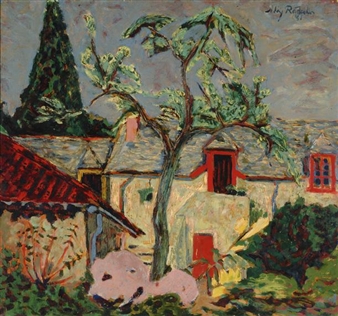 View of a house with red window frames - Max Rädecker