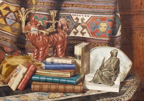 Still life with books and Oriental objects - E. Dufaud