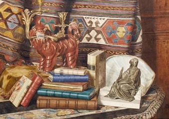Still life with books and Oriental objects - E. Dufaud