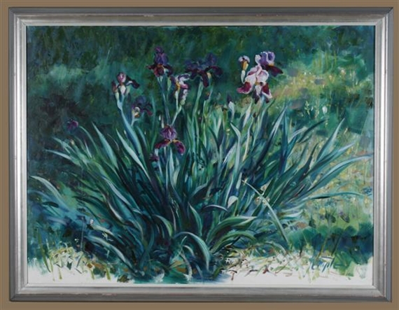 Floral Still Life of Purple Iris in a Garden by Steve Temple, Late 20th Century