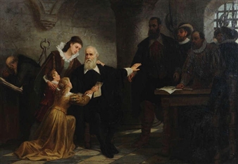 Historical scene in a dungeon with dignitaries, petition and family - V. Devaux