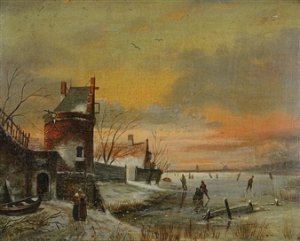 Winter river landscape with figures near a village wall - C. J. Bohr