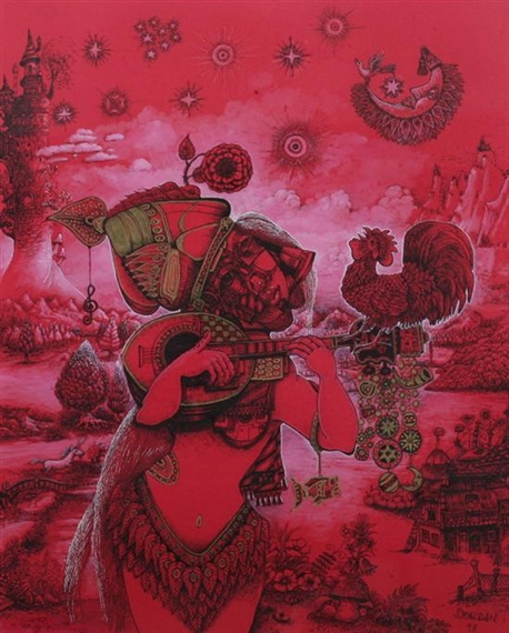 LUTE PLAYER WITH ROOSTER by Bogdan Miscevic, 1998