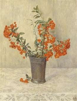 Three branches with red berries in a vase - Maria Geertruida Maria van Hettinga Tromp