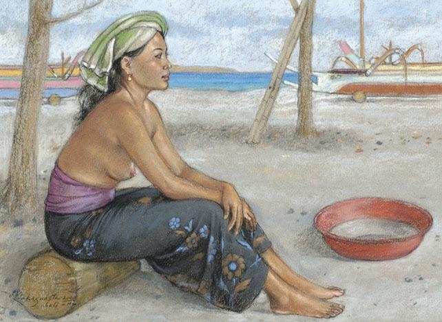Artwork by Raka Suasta, Balinese woman on the beach, Made of Pastel