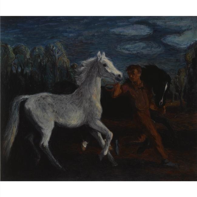 Artwork by Johannes Maria Groenestein, LUNGING THE HORSES, Made of oil on canvas