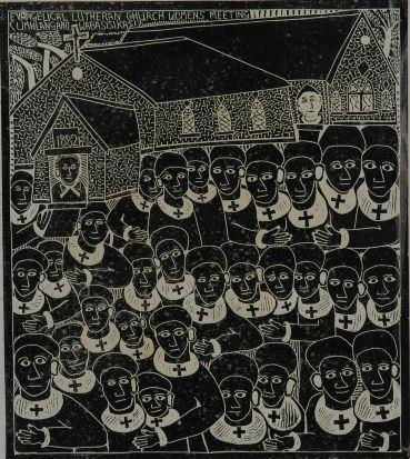 EVANGELICAL LUTHERAN CHURCH WOMEN'S MEETING by John Ndevasia Muafangejo, 1974