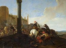 Battle scene outside the town wall by Hendrick Verschuring