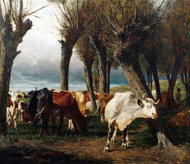 Artwork by Carl Rudolf Huber, Cattler herd under pollarded willows, Made of Oil on canvas