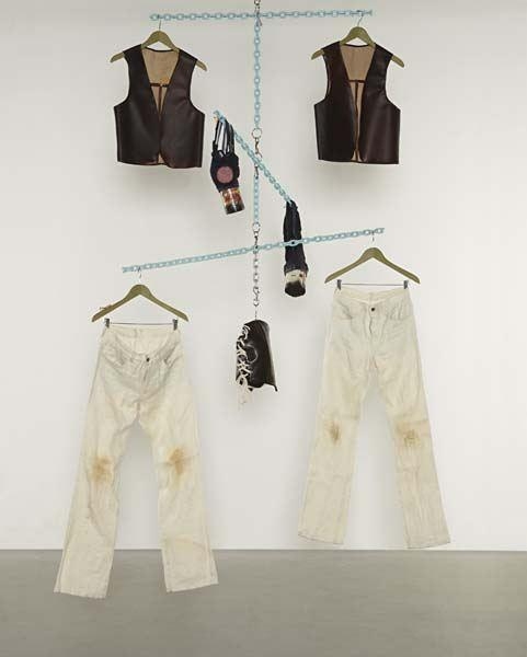 Artwork by Christian Holstad, Untitled (Mobile #1), Made of Hemp, rose quartz, can, wood, cotton, wheat grass stains, vegetable leather, pencils, human hair, zipper, Xerox transfers, wood hangers, chain and hardware