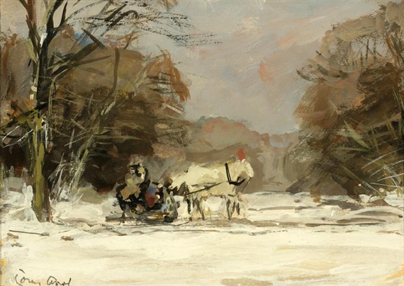 Louis Apol | A sledge pulled by a horse in a winter landscape | MutualArt