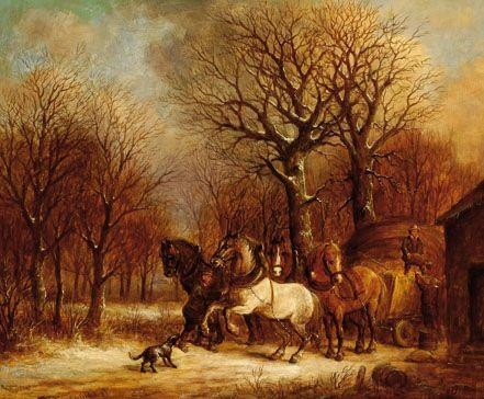 Artwork by Cornelis le Mair, Men with a horse-drawn cart with four horses on a snow covered wood path, Made of Oil on panel