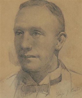 A monochromatic sketch of a man in formal attire.