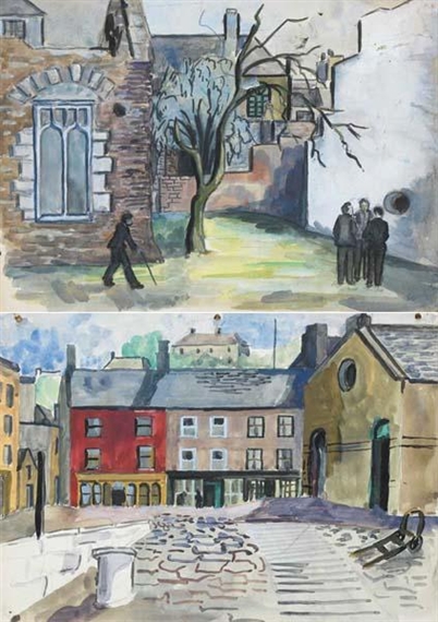 2 WORKS: FIGURES OUTSIDE A RUINED CHURCH and FISHING VILLAGE IN WEST CORK